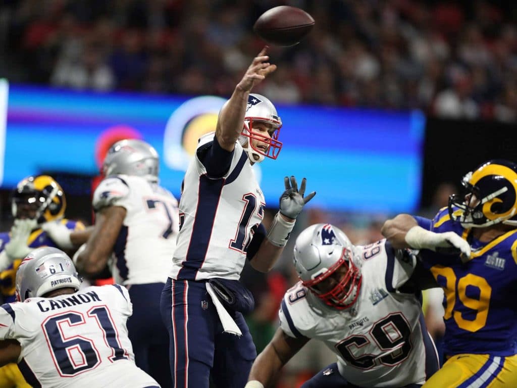 New England Patriots Tom Brady pass from pocket versus Los Angeles Rams Super Bowl LIII