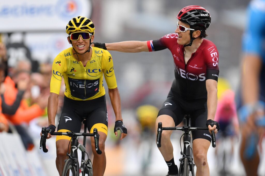 Sponsorship in pro cycling. Egan Bernal and Geraint Thomas of Team Ineos cross the line together at the Tour de France